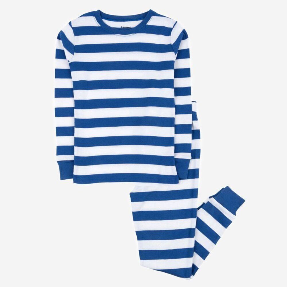 LEVERET -  Two Piece Cotton Pajamas Striped Blue and  Blue and White